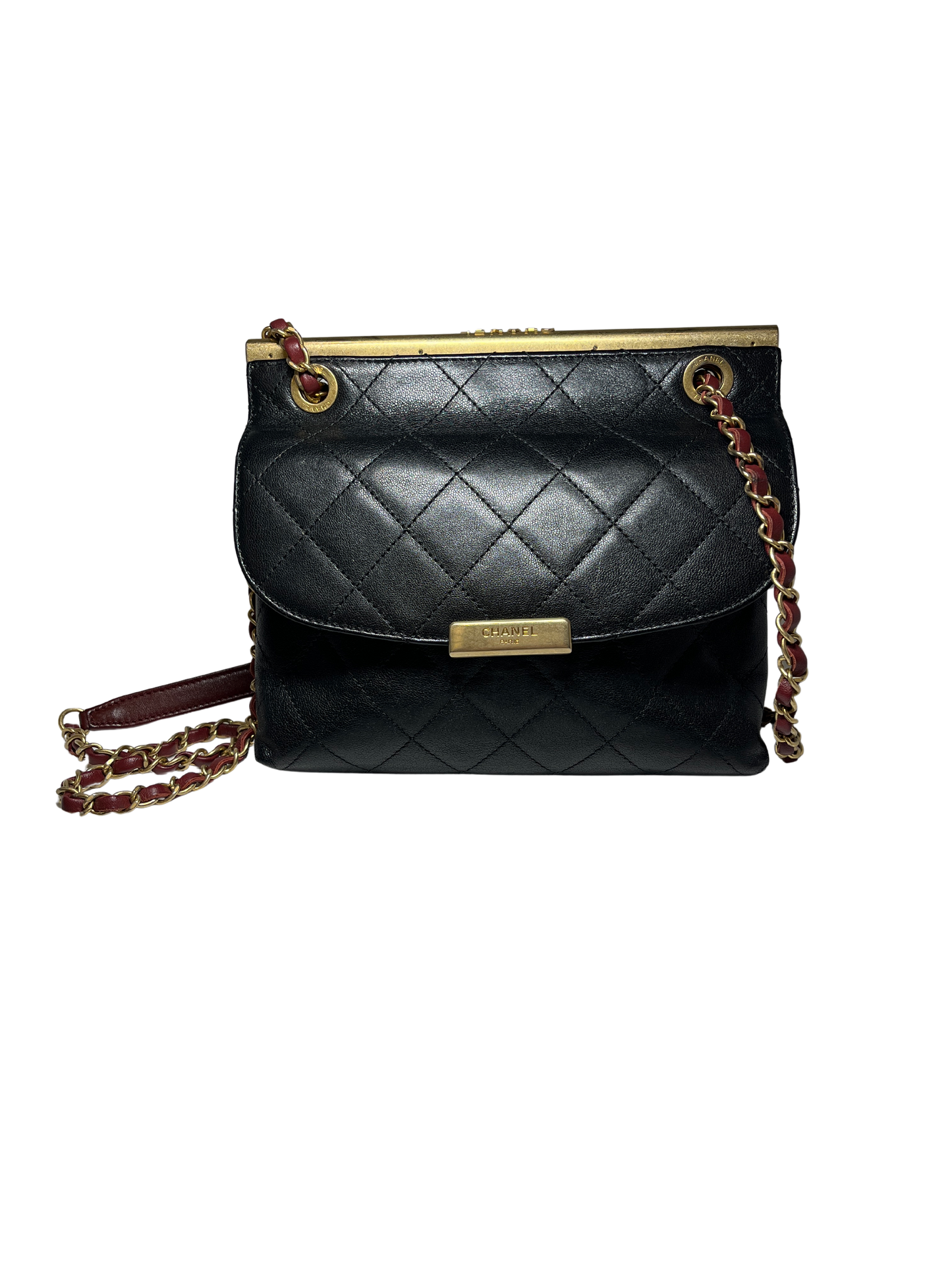 Used Chanel Calfskin Leather Double Sided Flap Shoulder Bag Black Wine Red