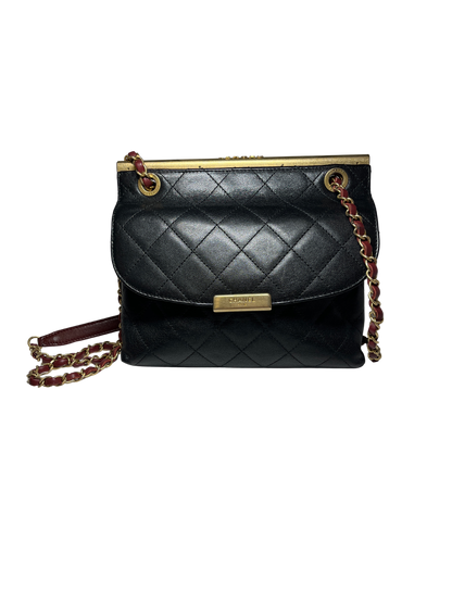 Used Chanel Calfskin Leather Double Sided Flap Shoulder Bag Black Wine Red