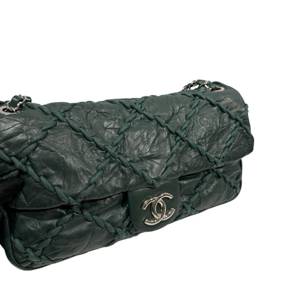 CHANEL Quilted Crinkled Calfskin Surpique Chain Shoulder Bag Dark Green Silver Hardware