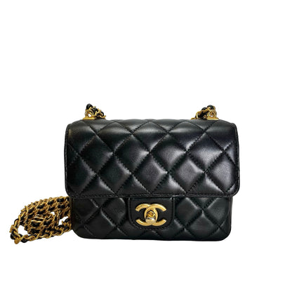 CHANEL Quilted Lambskin Mini Rectangular Flap Chain Shoulder Bag Black Gold