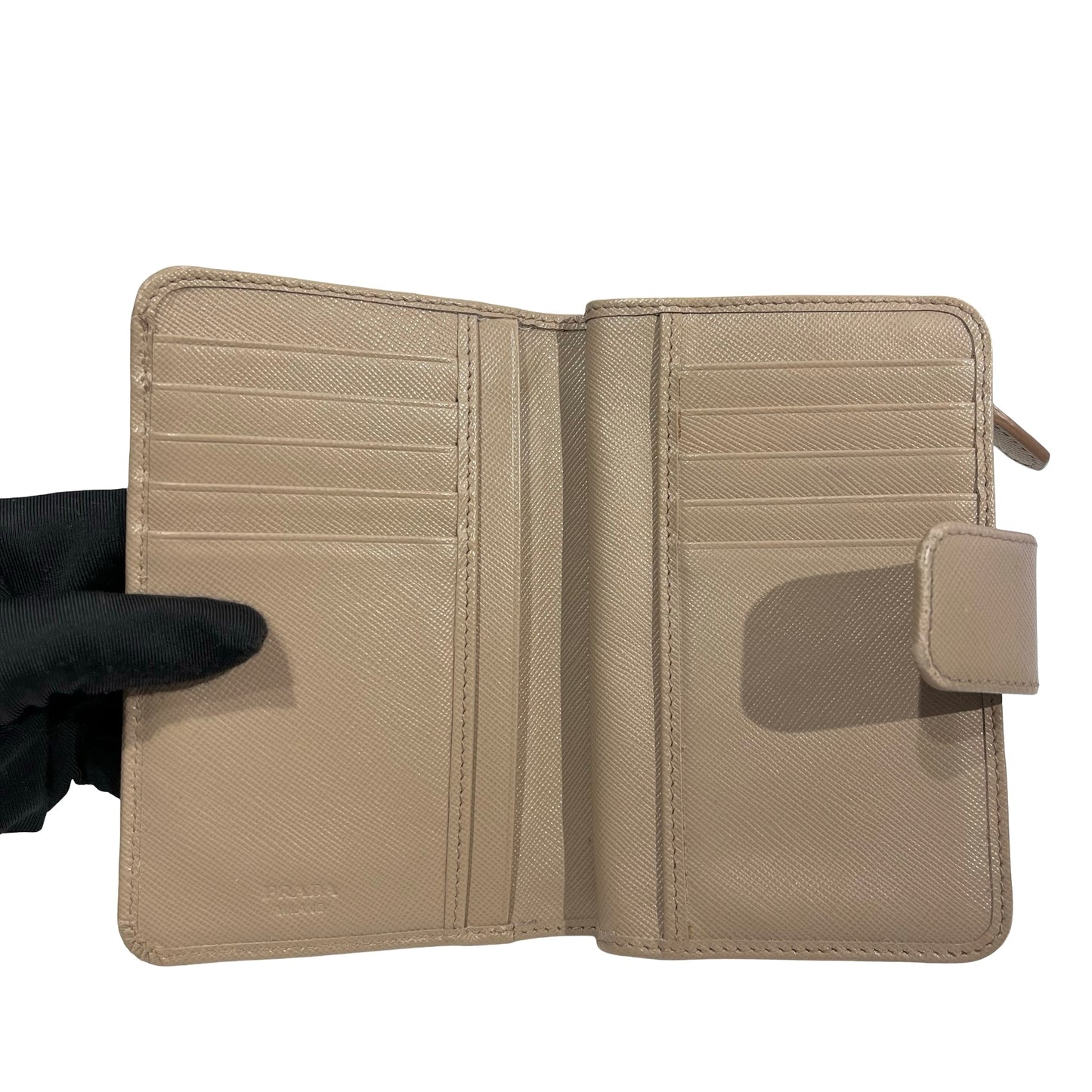 Used PRADA Saffiano Saffiano Leather Medium Bifold Wallet Wallet Beige GHW