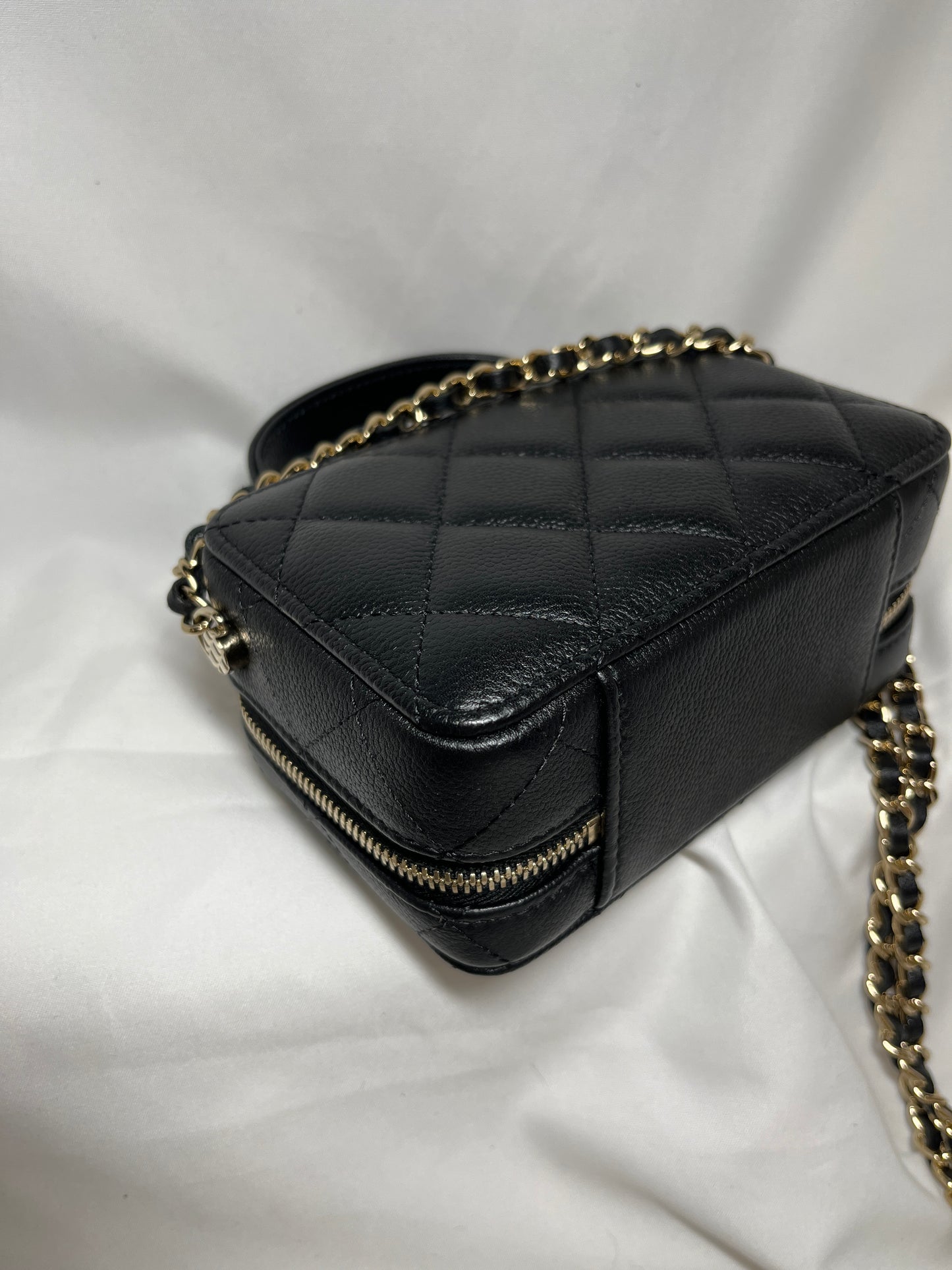 Used CHANEL Calfskin Leather Handle Mini Cross Body Bag Black GHW