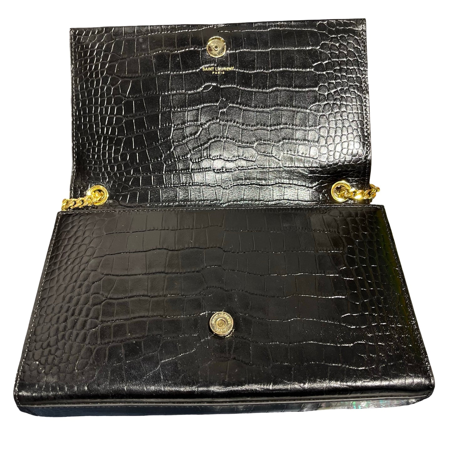 Used SAINT LAURENT Crocodile-Embossed Kate Medium Shoulder Bag Black GHW