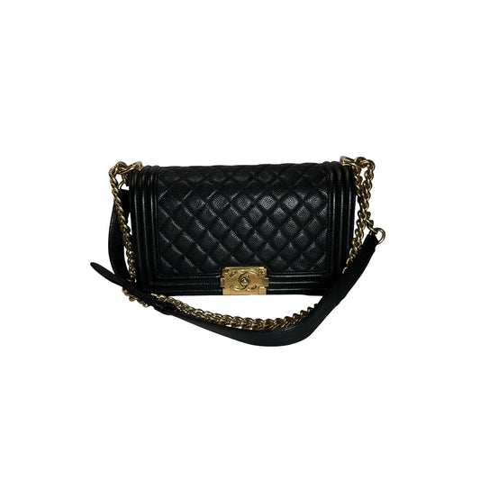 Used CHANEL Caviar Quilted Boy Chain Shoulder Bag Black