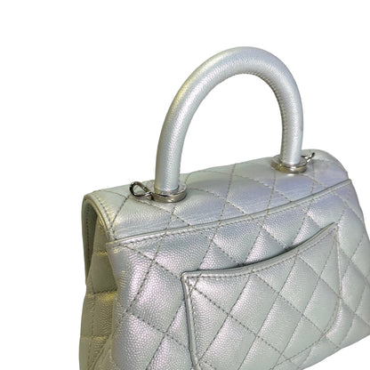 Used CHANEL Quilted Caviar Coco Handle Cross body bag Iridescent Silver Light Blue