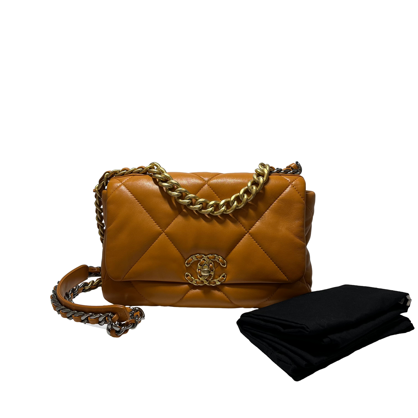 Used Chanel Lambskin 19 Bag Small Chain Shoulder Bag GHW Caramel