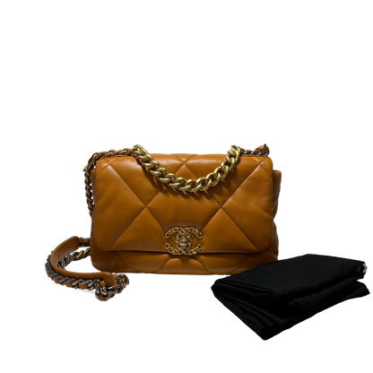 Used Chanel Lambskin 19 Bag Small Chain Shoulder Bag GHW Caramel