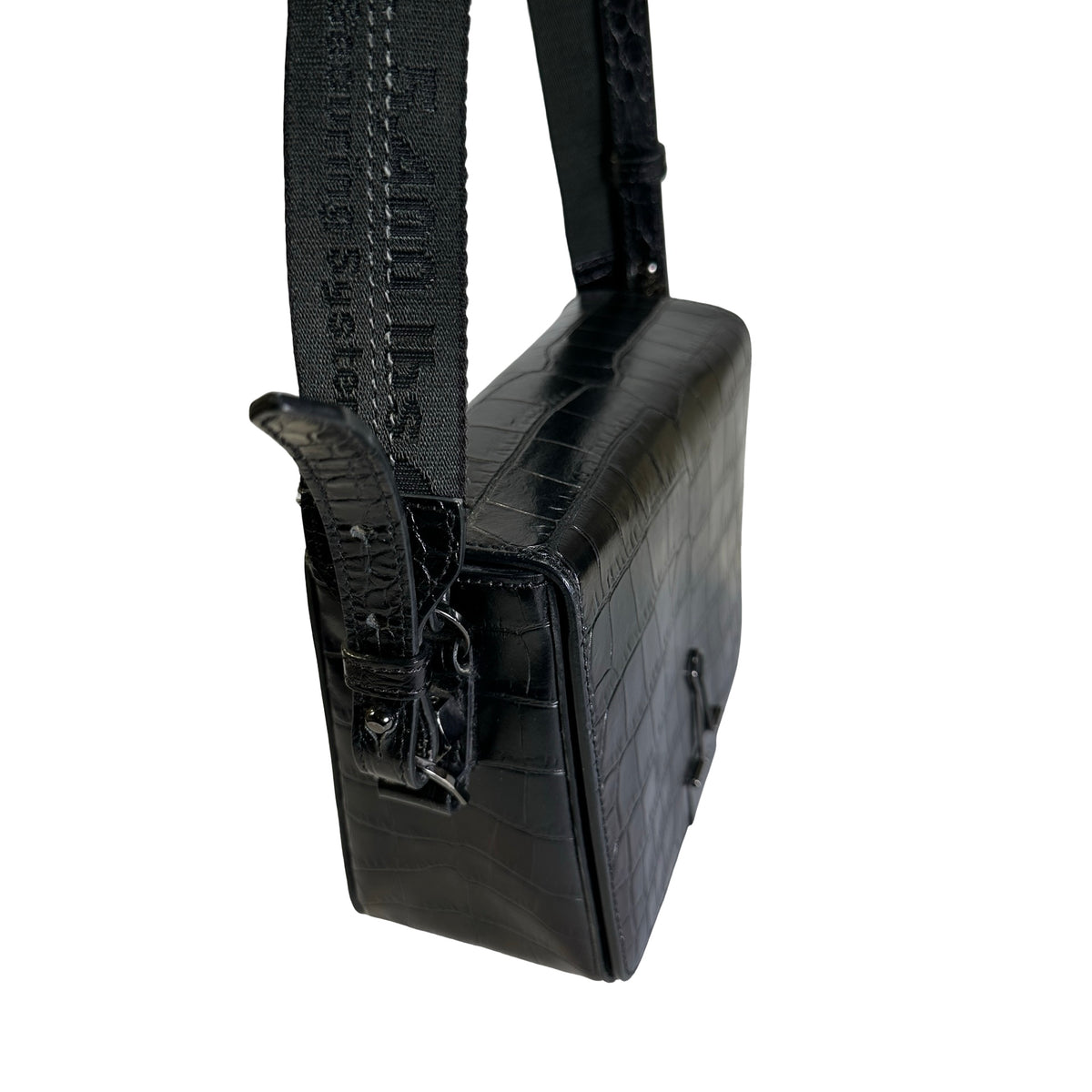 Used OFF-WHITE Crocodile Embossed Binder Clip Crossbody Bag Black PHW