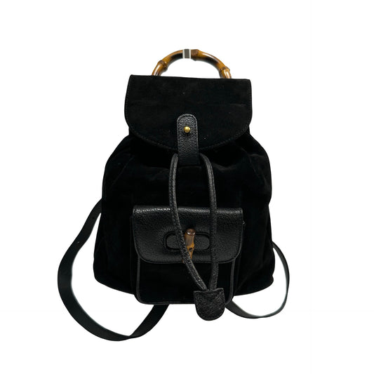 Used GUCCI Suede Leather Bamboo Bamboo Suede Backpack Backpack Black