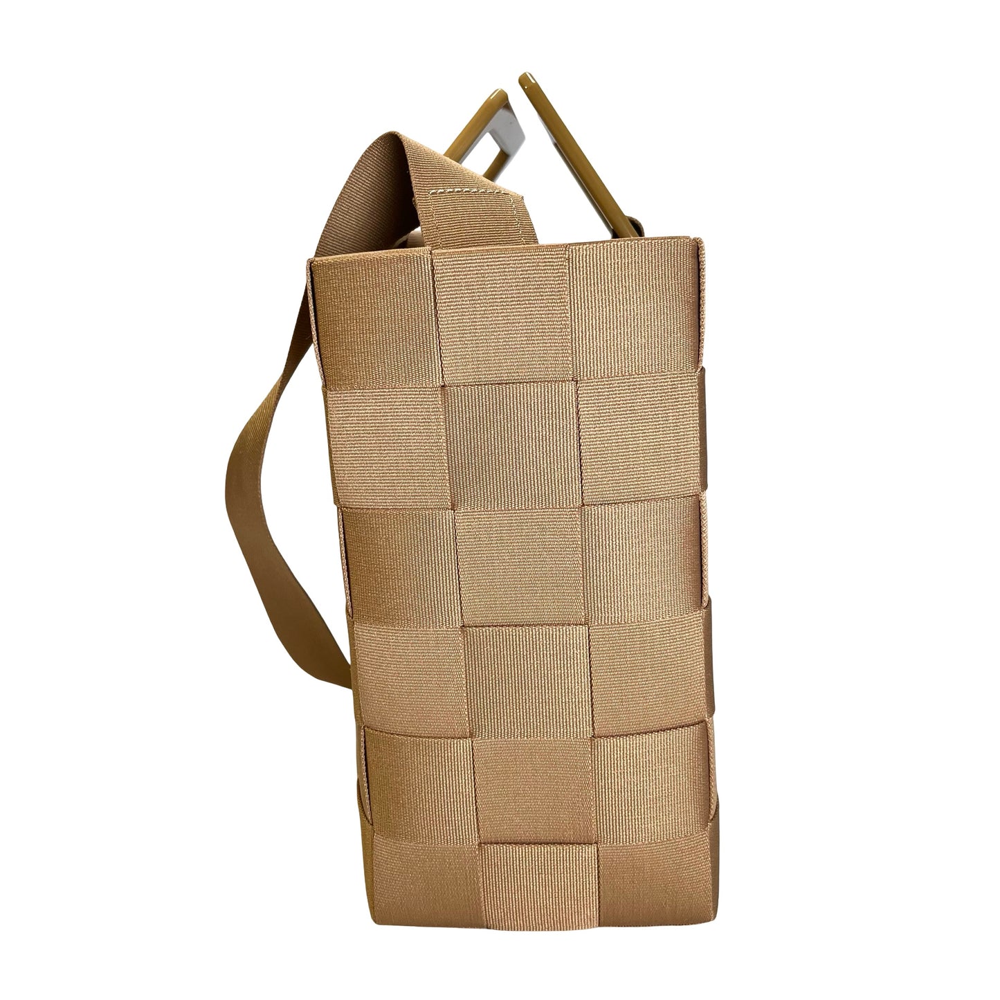 Used SALVATORE FERRAGAMO Woven Checkerboard Woven Grosgrain Ribbon Bag Handbag Gold Beige PHW