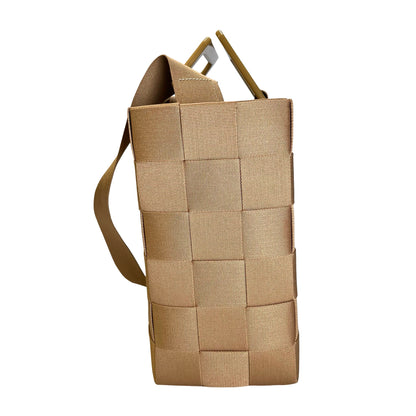 Used SALVATORE FERRAGAMO Woven Checkerboard Woven Grosgrain Ribbon Bag Handbag Gold Beige PHW