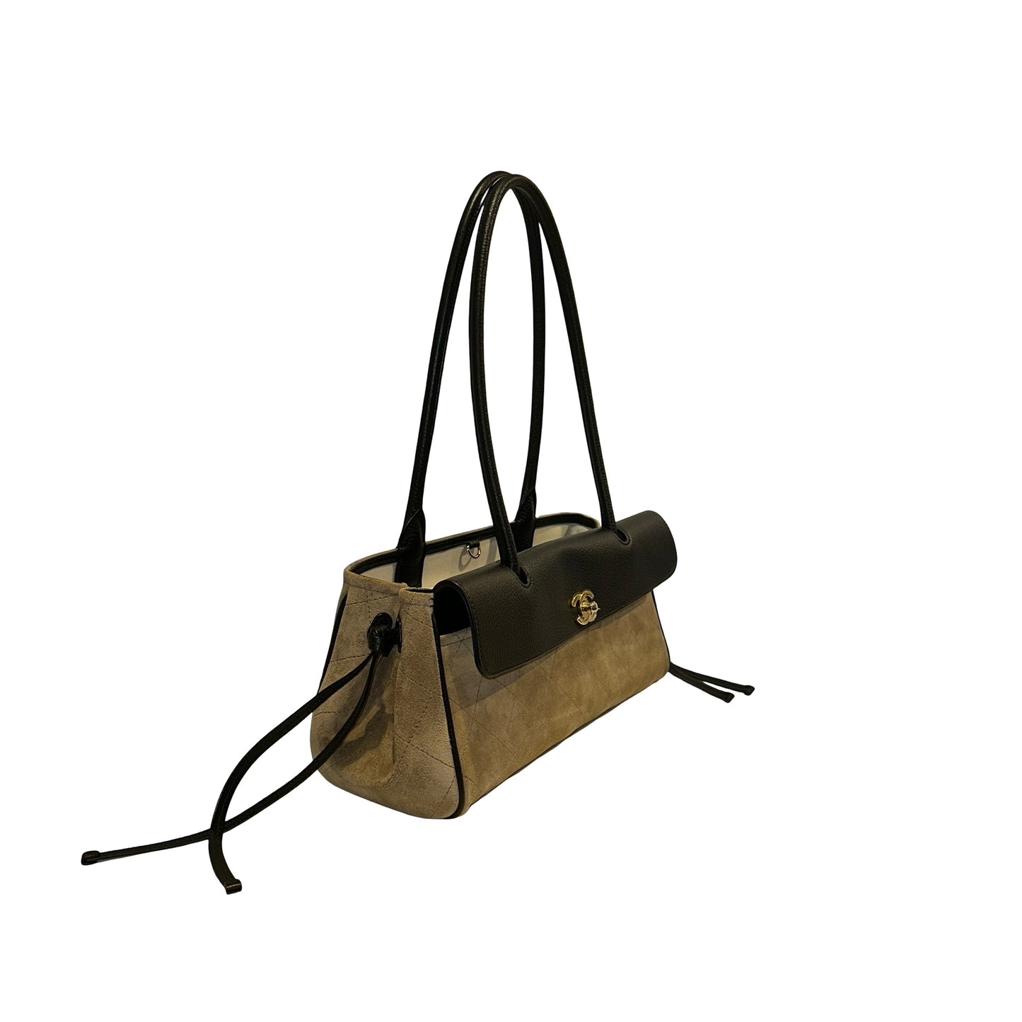 Brand New CHANEL Quilted Suede Calfskin Grained Calfskin Shopping Bag Shopping Bag Beige Black