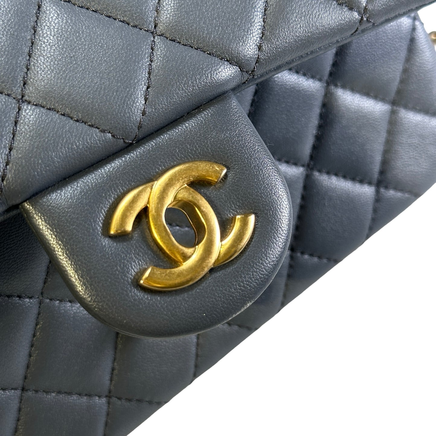 Used CHANEL Quilted Lambskin Mini Flap Bag With Gold Ball Mini Bag Grey GHW