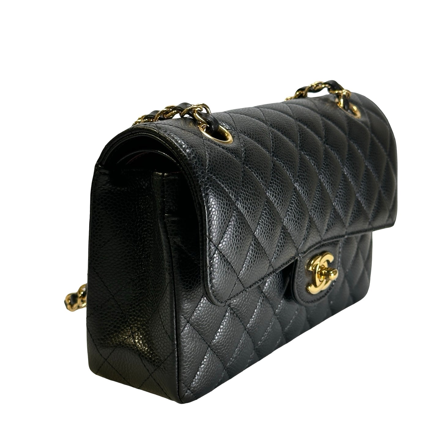 Used CHANEL Caviar Quilted Classic Double Flap Chain Shoulder Bag Black Gold