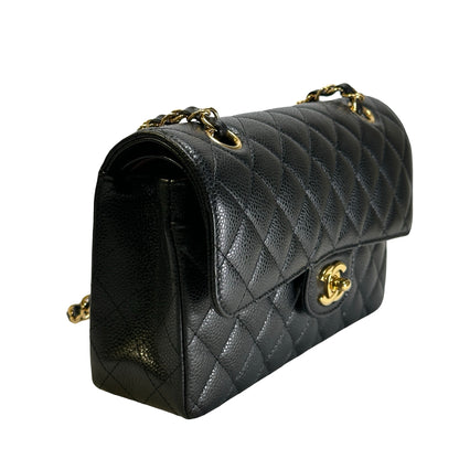 Used CHANEL Caviar Quilted Classic Double Flap Chain Shoulder Bag Black Gold