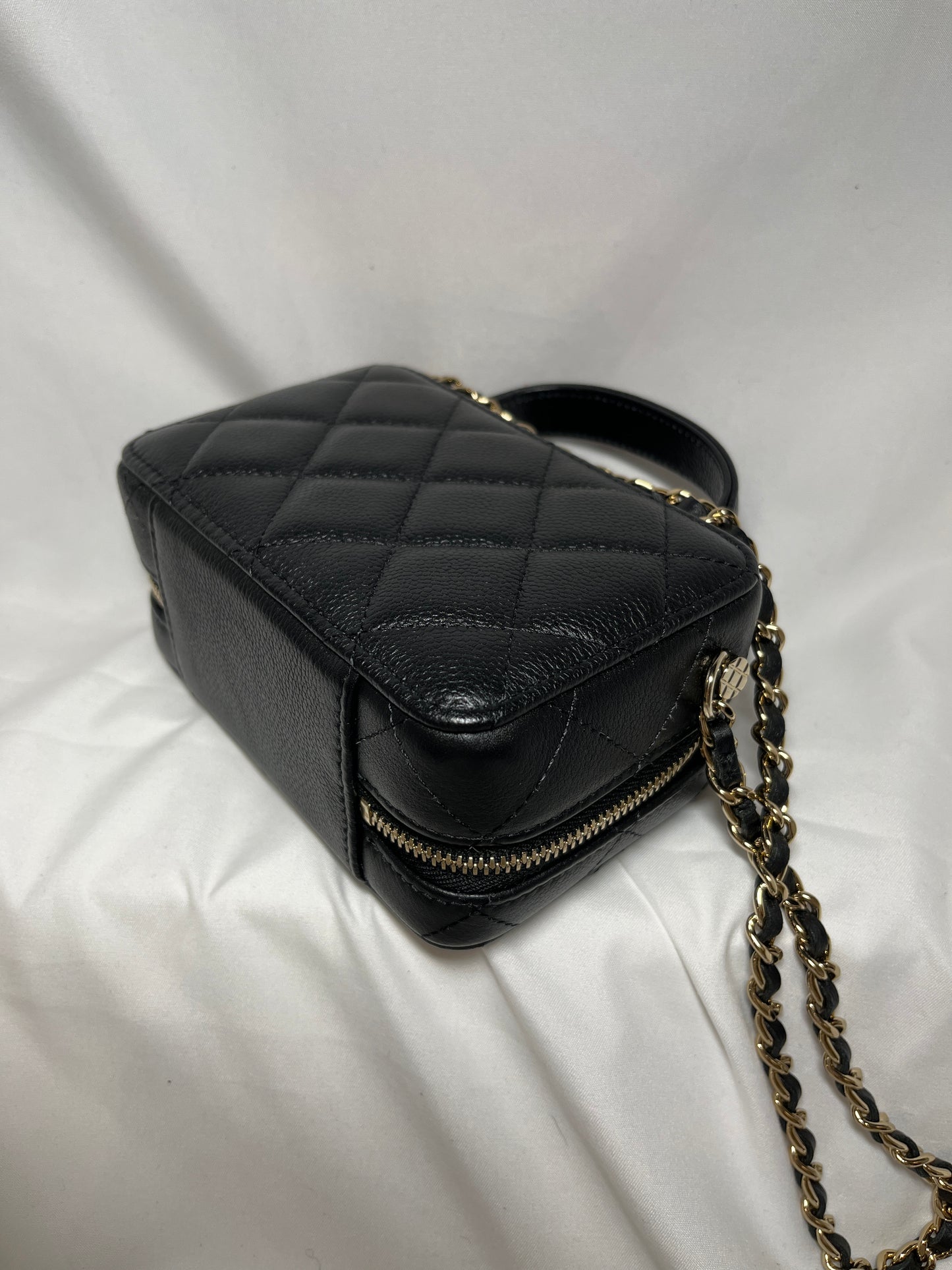 Used CHANEL Calfskin Leather Handle Mini Cross Body Bag Black GHW