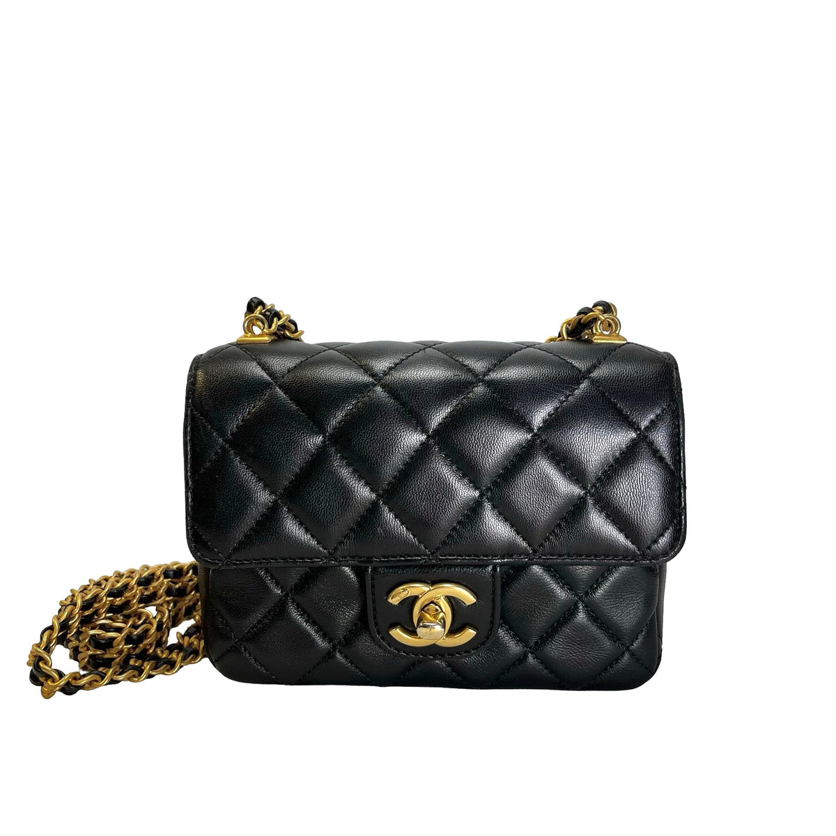 CHANEL Quilted Lambskin Mini Rectangular Flap Chain Shoulder Bag Black Gold