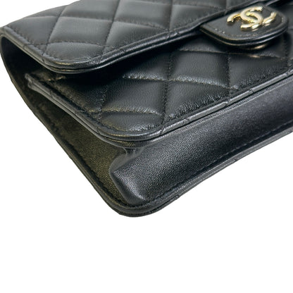 Used CHANEL Quilted Lambskin Phone Holder with Top Handle and Chain Crossbody Bag Black GHW