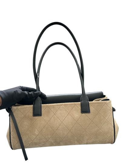 Brand New CHANEL Quilted Suede Calfskin Grained Calfskin Shopping Bag Shopping Bag Beige Black