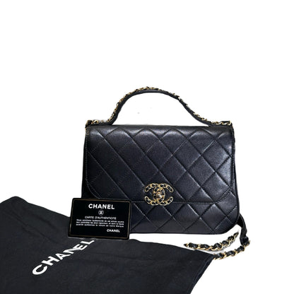 Used CHANEL Lambskin Chain Infinity Top Handle Bag Cross body bag Black GHW