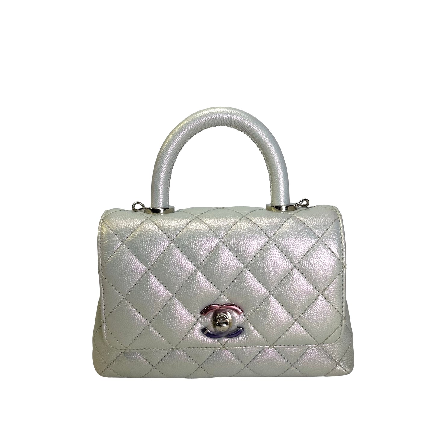 Used CHANEL Quilted Caviar Coco Handle Cross body bag Iridescent Silver Light Blue
