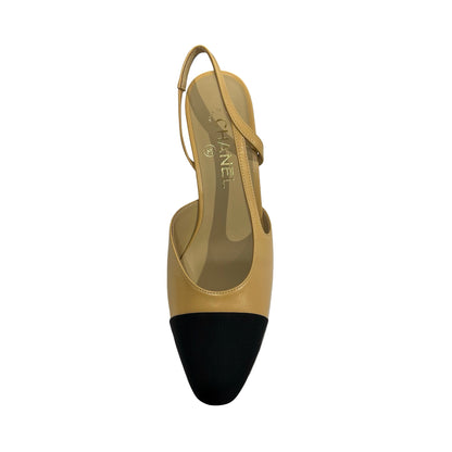 Used CHANEL Goatskin Slingbacks Heels Beige Black