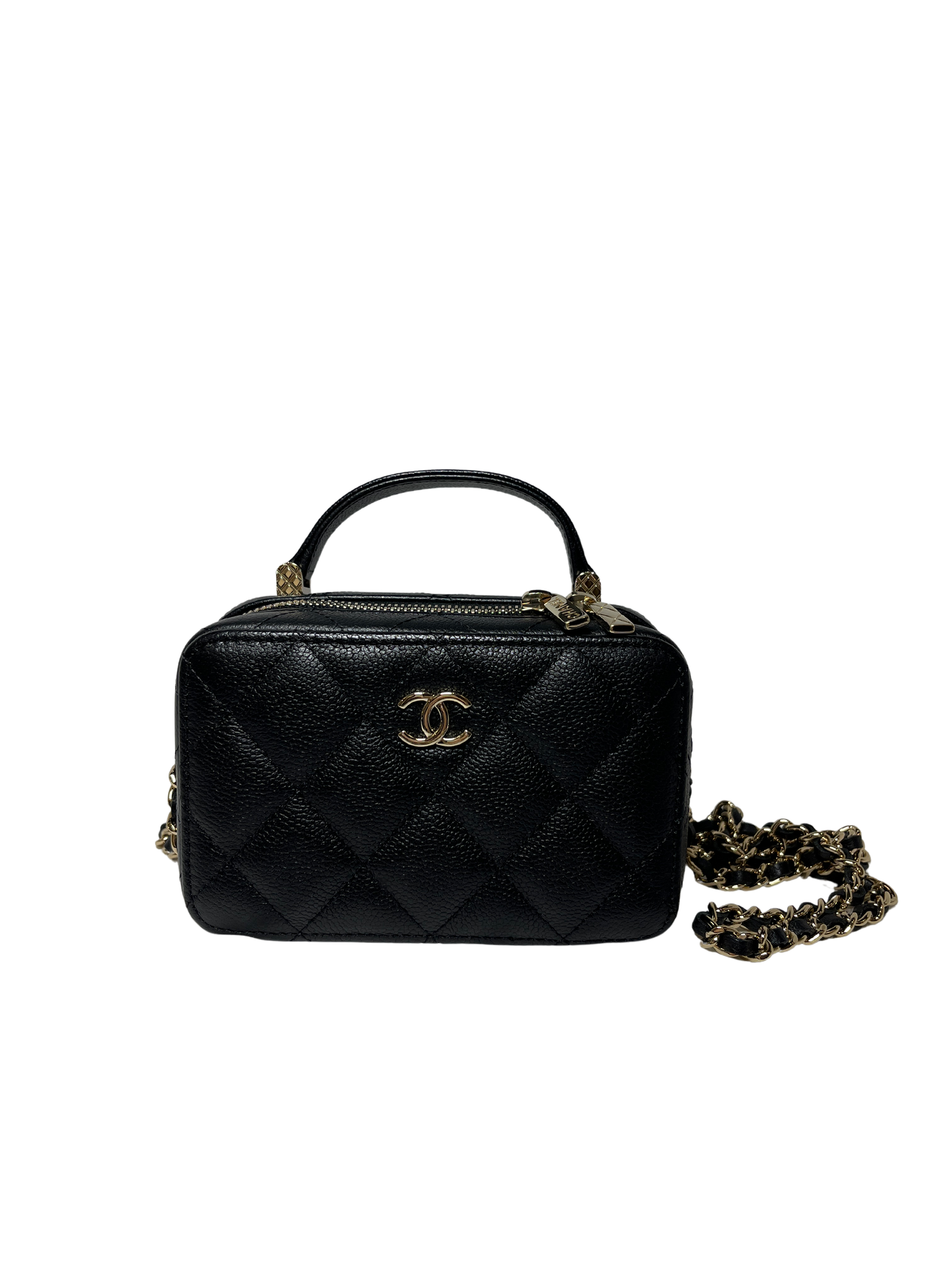 Used CHANEL Calfskin Leather Handle Mini Cross Body Bag Black GHW