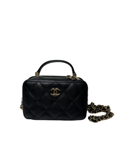 Used CHANEL Calfskin Leather Handle Mini Cross Body Bag Black GHW