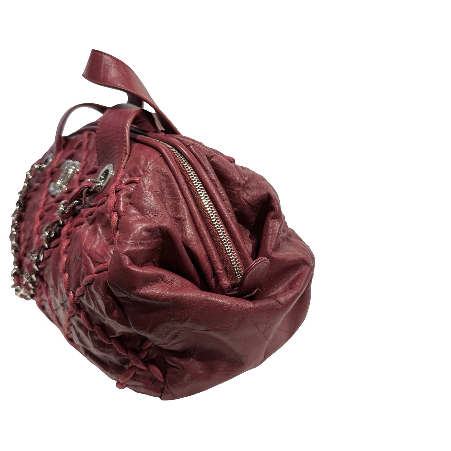 Used CHANEL Leather Quilted Tote Bag Handbag Burgundy