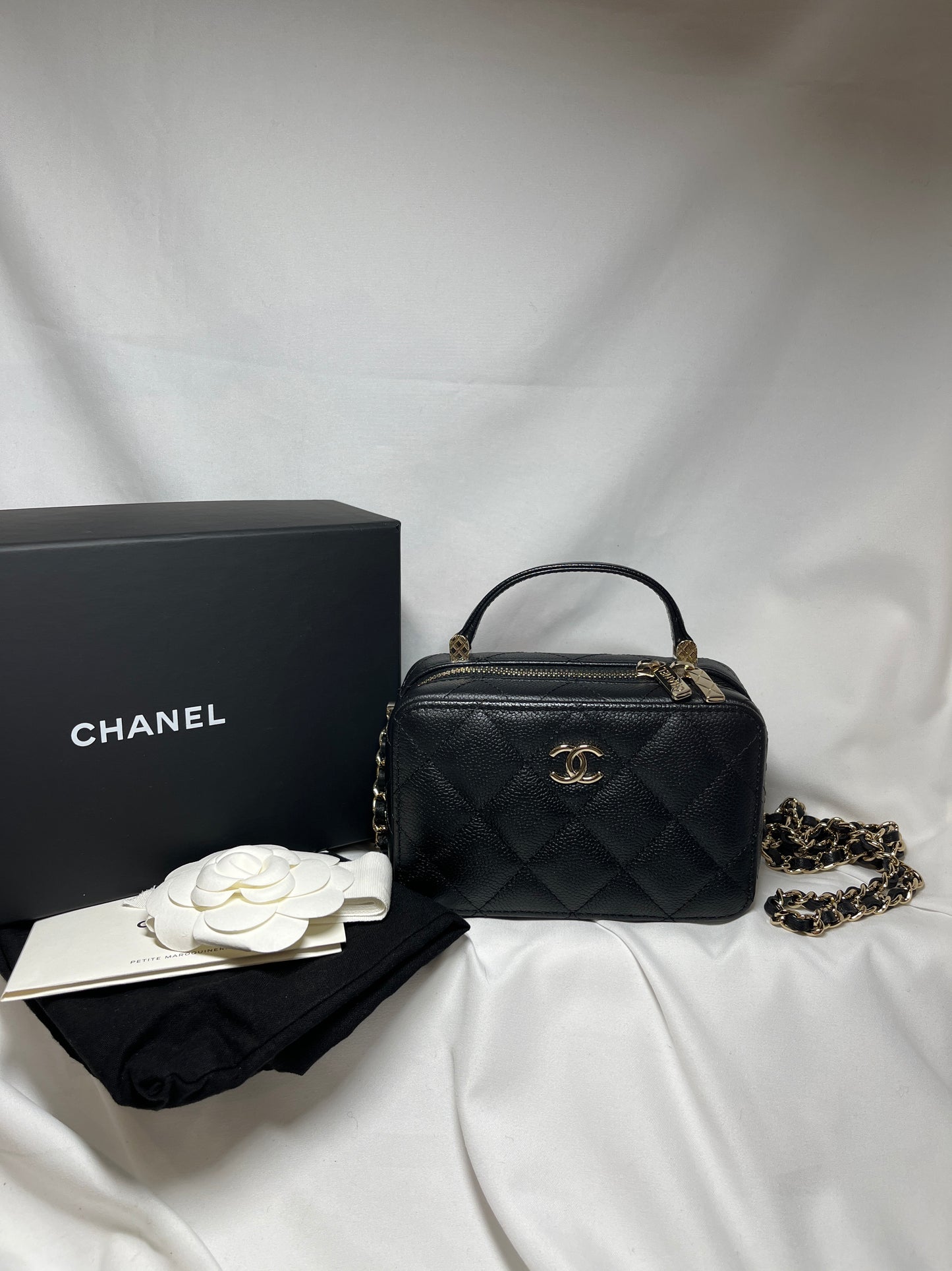 Used CHANEL Calfskin Leather Handle Mini Cross Body Bag Black GHW