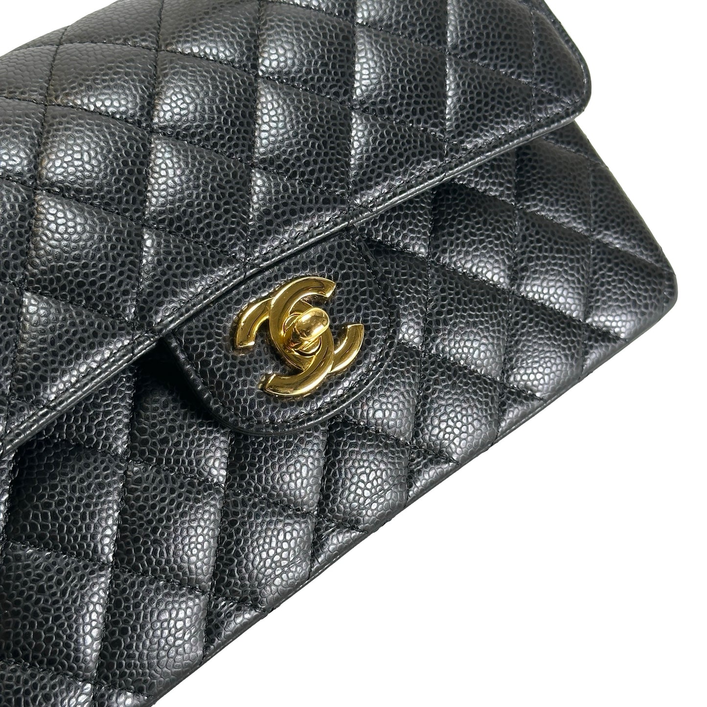 Used CHANEL Caviar Quilted Classic Double Flap Chain Shoulder Bag Black Gold