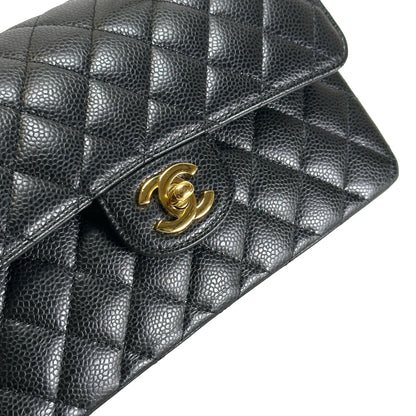 Used CHANEL Caviar Quilted Classic Double Flap Chain Shoulder Bag Black Gold
