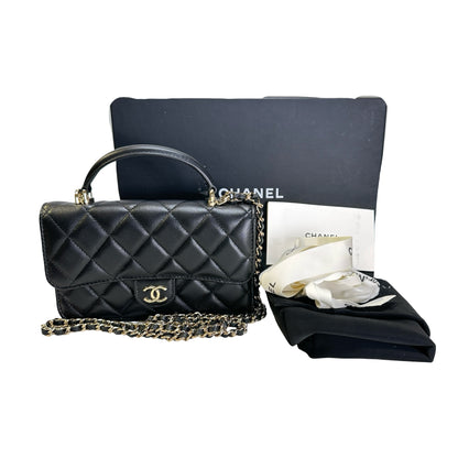 Used CHANEL Quilted Lambskin Phone Holder with Top Handle and Chain Crossbody Bag Black GHW
