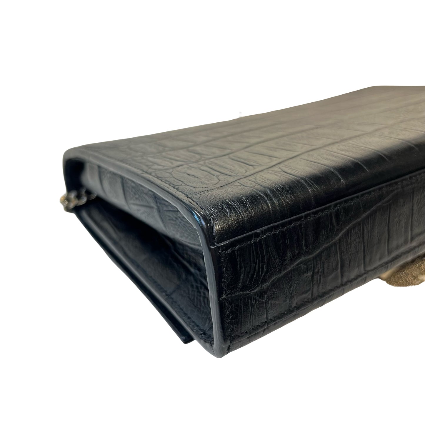 Used Saint Laurent Calfskin Leather Crocodile-Embossed Kate Tassel Chain Shoulder Bag Black PHW