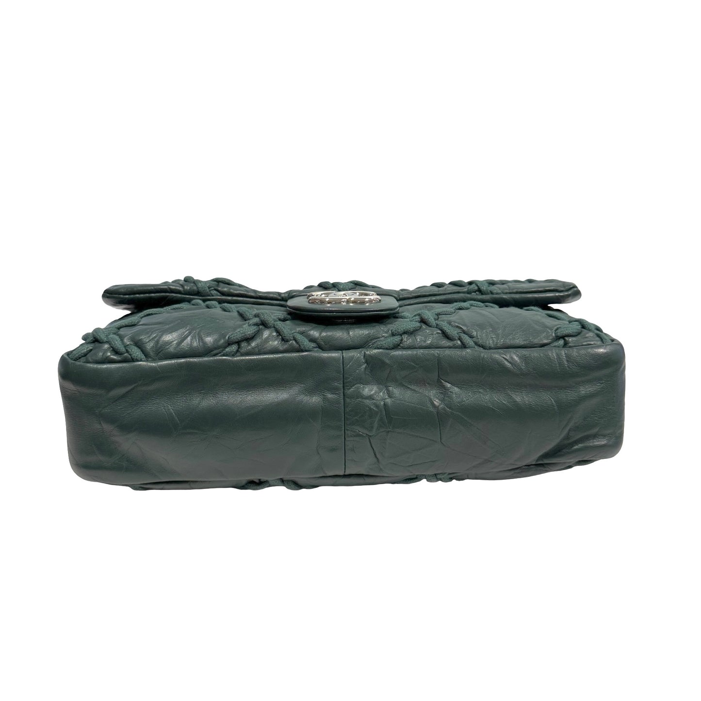 CHANEL Quilted Crinkled Calfskin Surpique Chain Shoulder Bag Dark Green Silver Hardware