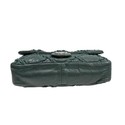 CHANEL Quilted Crinkled Calfskin Surpique Chain Shoulder Bag Dark Green Silver Hardware