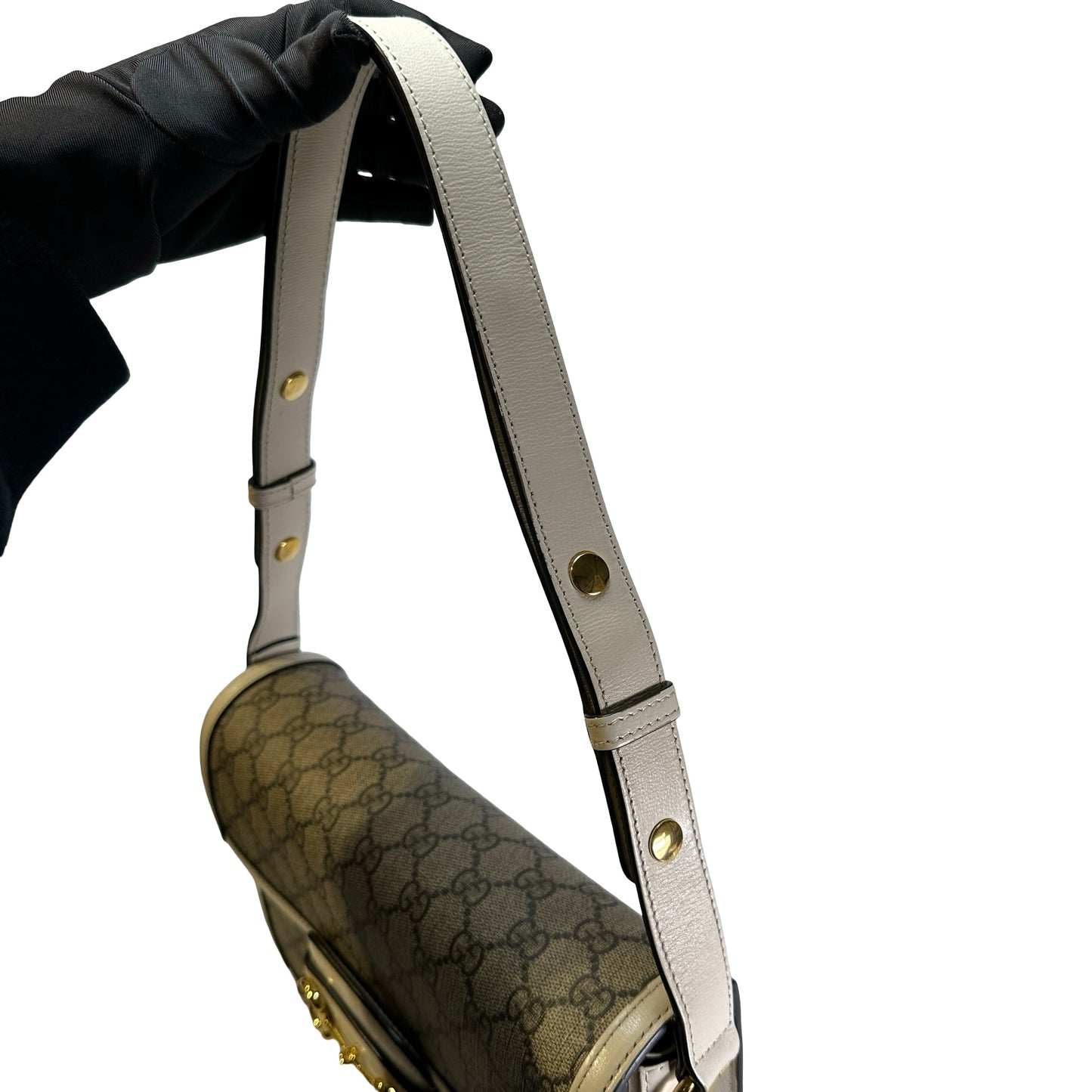 Used GUCCI GG Supreme Canvas Horsebit 1955 Shoulder Bag Beige White GHW