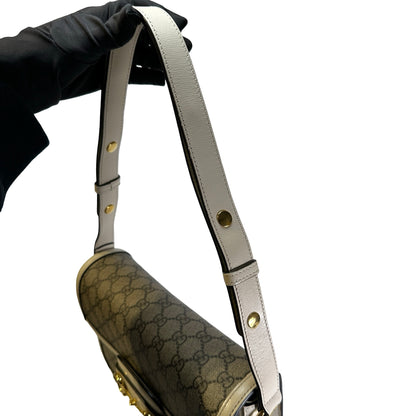 Used GUCCI GG Supreme Canvas Horsebit 1955 Shoulder Bag Beige White GHW