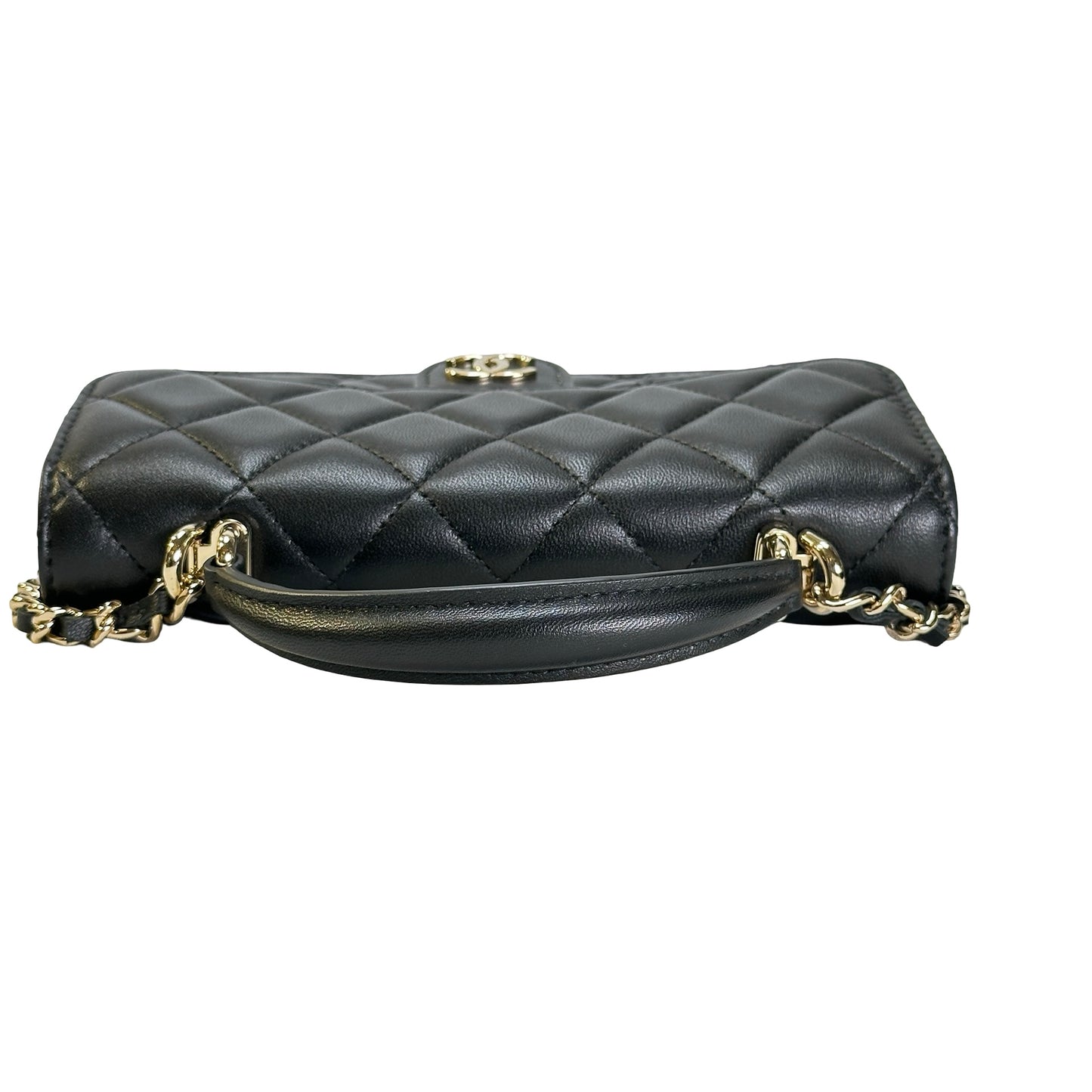 Used CHANEL Quilted Lambskin Phone Holder with Top Handle and Chain Crossbody Bag Black GHW