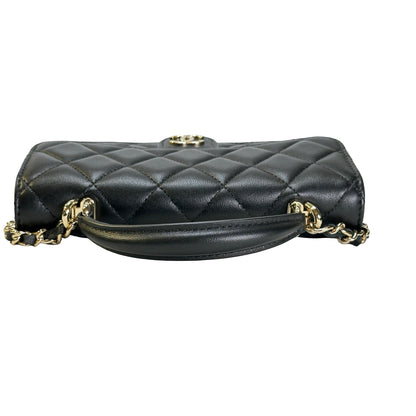 Used CHANEL Quilted Lambskin Phone Holder with Top Handle and Chain Crossbody Bag Black GHW