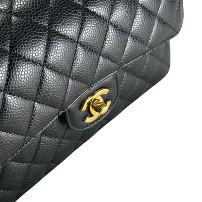 Used CHANEL Caviar Quilted Classic Double Flap Chain Shoulder Bag Black Gold