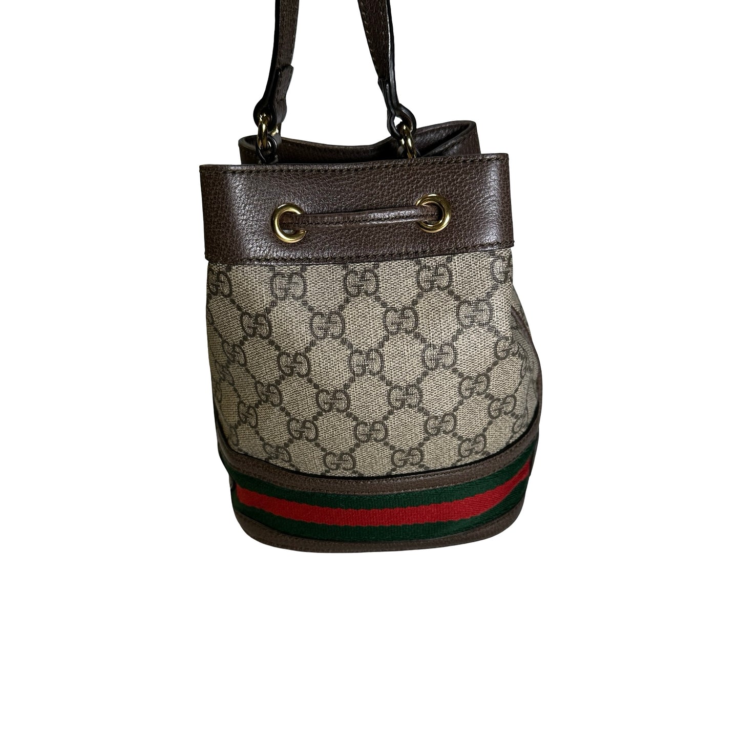 Used GUCCI GG Supreme Canvas Ophidia Bucket Bag Beige Ebony Brown， GHW
