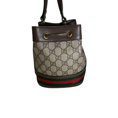 Used GUCCI GG Supreme Canvas Ophidia Bucket Bag Beige Ebony Brown， GHW