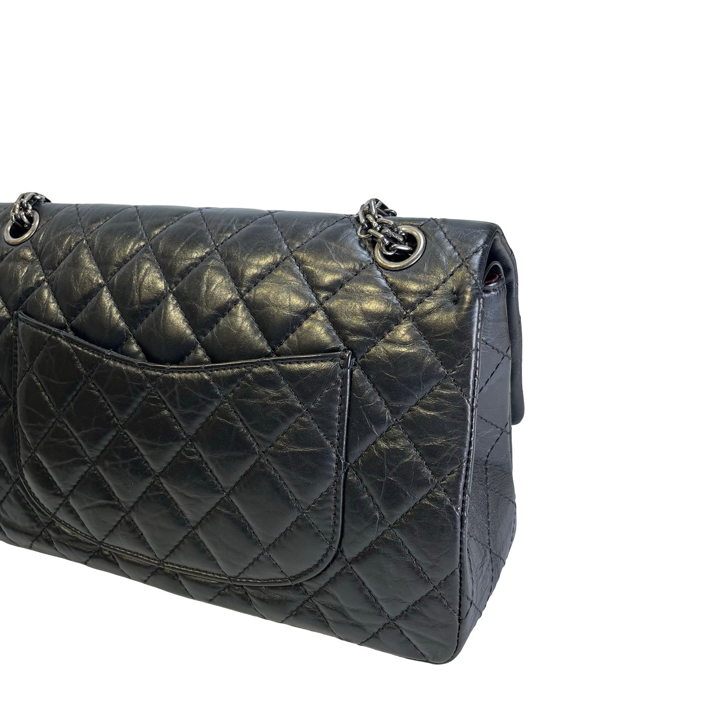 Used CHANEL Quilted Aged Calfskin 2.55 Medium Chain Shoulder Bag Black PHW