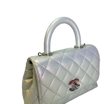 Used CHANEL Quilted Caviar Coco Handle Cross body bag Iridescent Silver Light Blue
