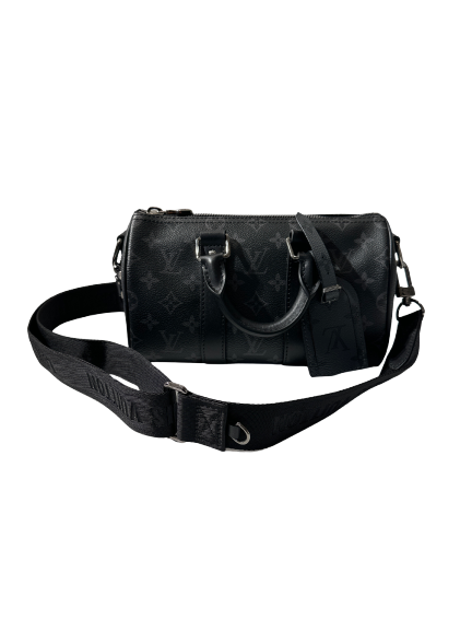 Used LOUIS VUITTON Monogram Eclipse Canvas Keepall XS Crossbody Bag Black Grey， PHW