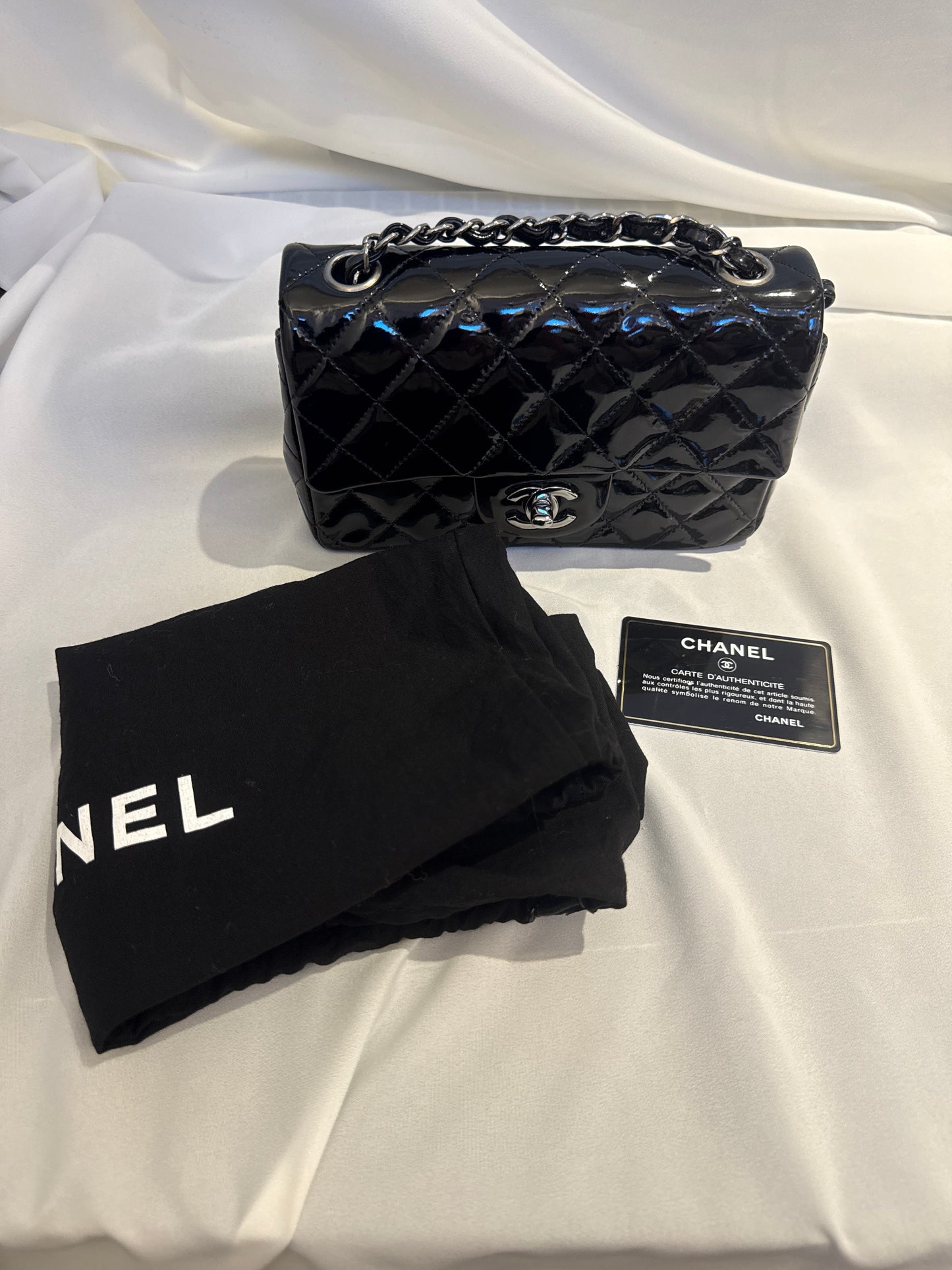 Used Chanel Quilted Patent Leather Classic Flap Mini Chain Shoulder Bag Black PHW