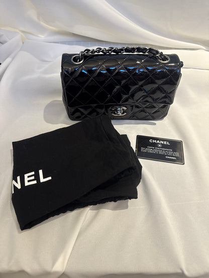 Used Chanel Quilted Patent Leather Classic Flap Mini Chain Shoulder Bag Black PHW