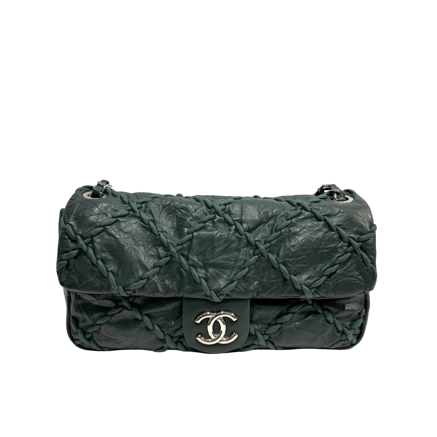 CHANEL Quilted Crinkled Calfskin Surpique Chain Shoulder Bag Dark Green Silver Hardware