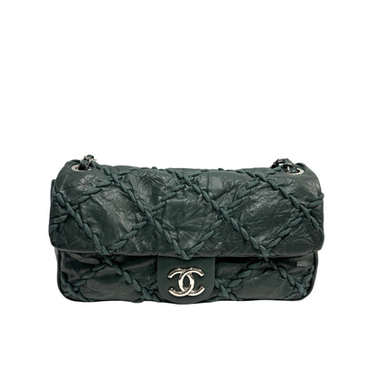 CHANEL Quilted Crinkled Calfskin Surpique Chain Shoulder Bag Dark Green Silver Hardware